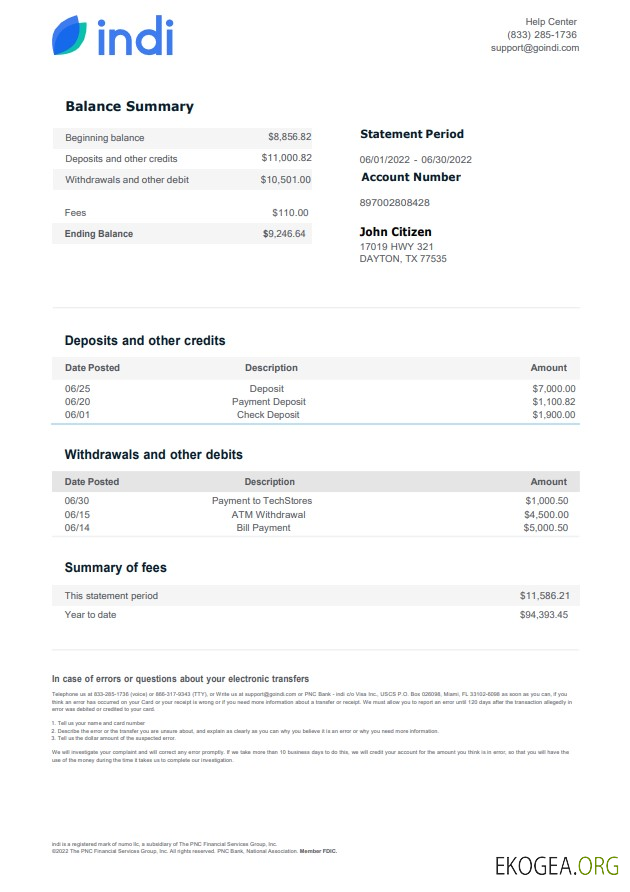 Relevé bancaire indien aux États Unis